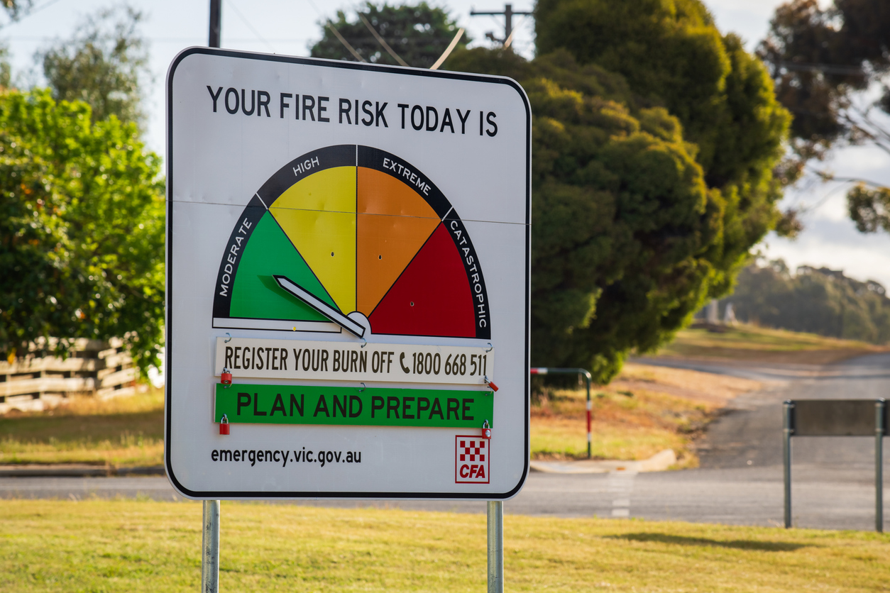 A sign reads "your fire risk today is" and is pointing to plan and prepare.