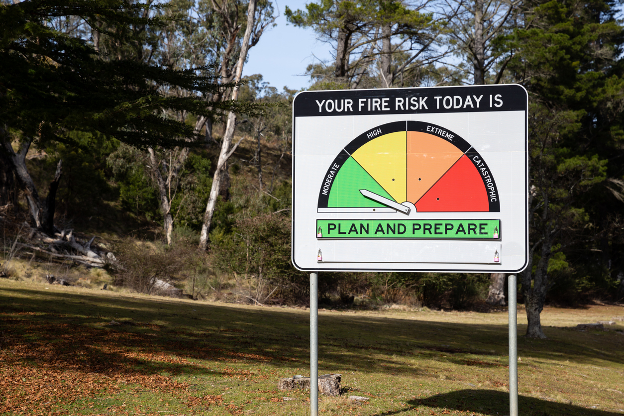 A sign reads "Your fire risk today is" and has the arrow pointing to the far left green section. Below text on the sign reads that this indicates to "plan and prepare".