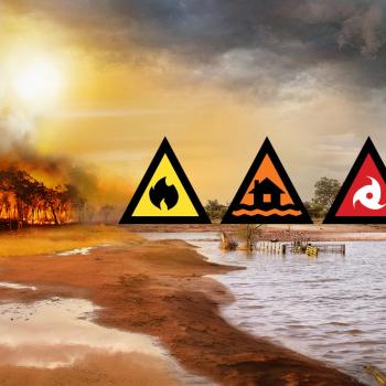 Warning symbols edited over a graphical image showing a landscape from bushfire to storm with a flooded car in the middle.