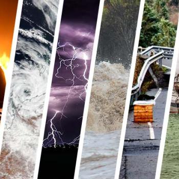 An edited image with all different types of emergency hazards like bushfire, cyclone, storm, flood and biohazard.