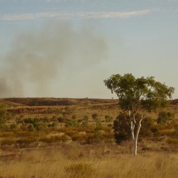 A dry grassy landscape with a cloud of smoke in the distance.