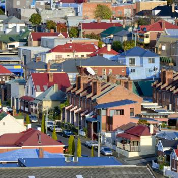 An aerial view of all different styles of houses and buildings in Tasmania.