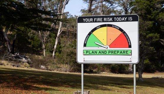 A sign reads "Your fire risk today is" and has the arrow pointing to the far left green section. Below text on the sign reads that this indicates to "plan and prepare".