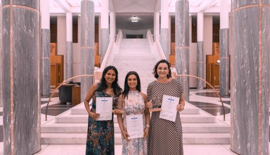 Kanupriya Hehir, Cara Beh and Anjali Vishwanathan giving their acceptance speech (Photo credit: Albie Colvin)