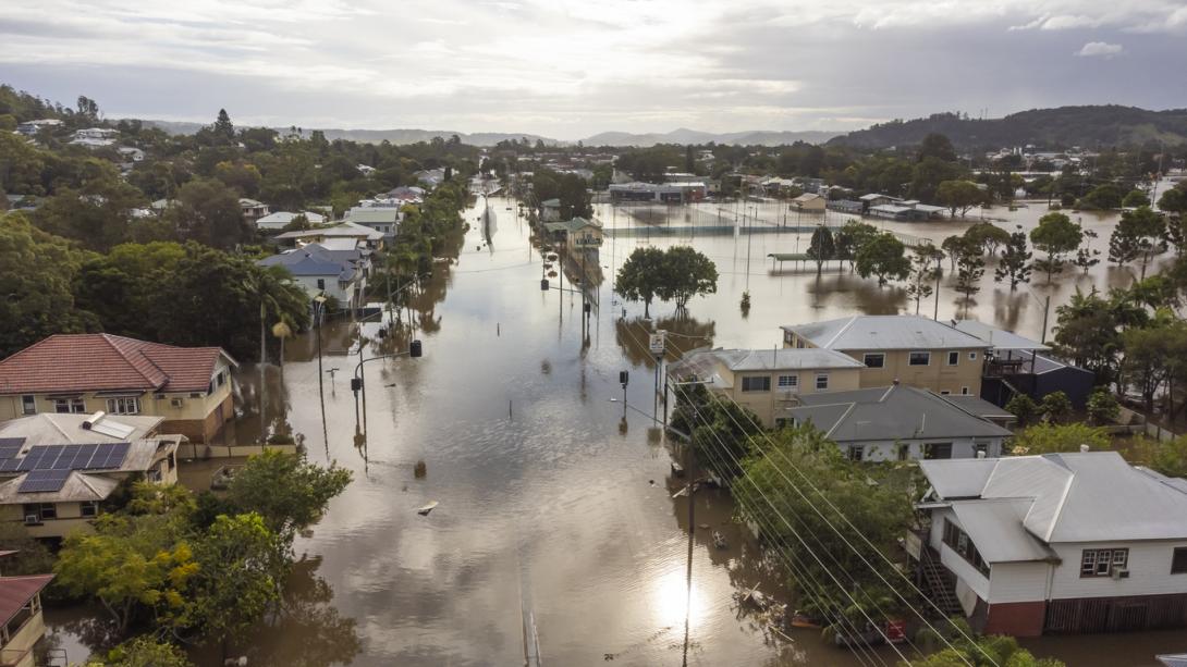 Flooded streets in Lismore, NSW, Australia as captured from an elevated perspective.