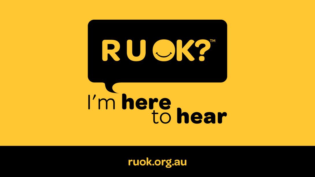 R U Ok Day "I'm here to hear" yellow web banner.
